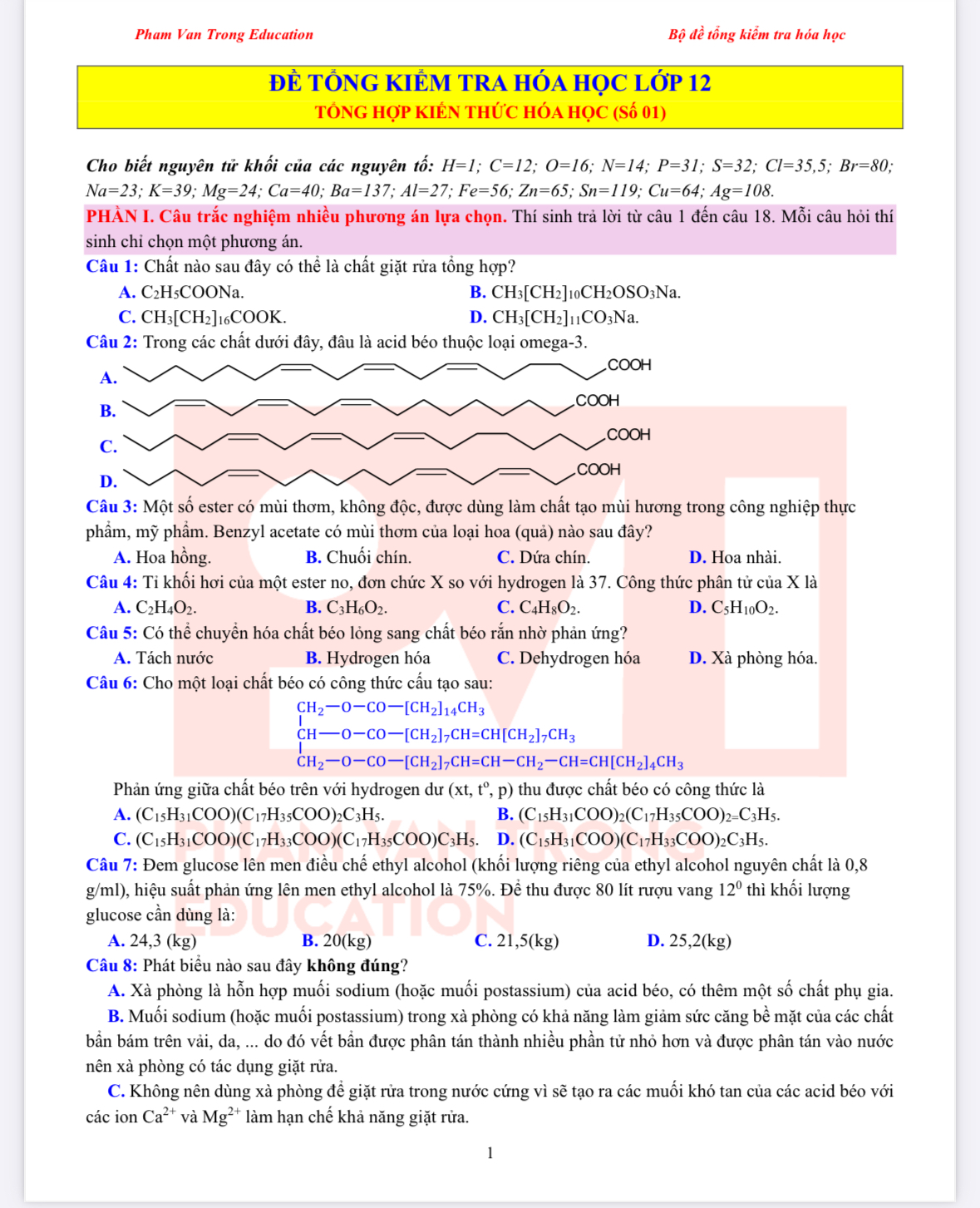 Bộ 35 đề tổng kiểm tra hoá học lớp 12 thầy Phạm Văn Trọng PDF