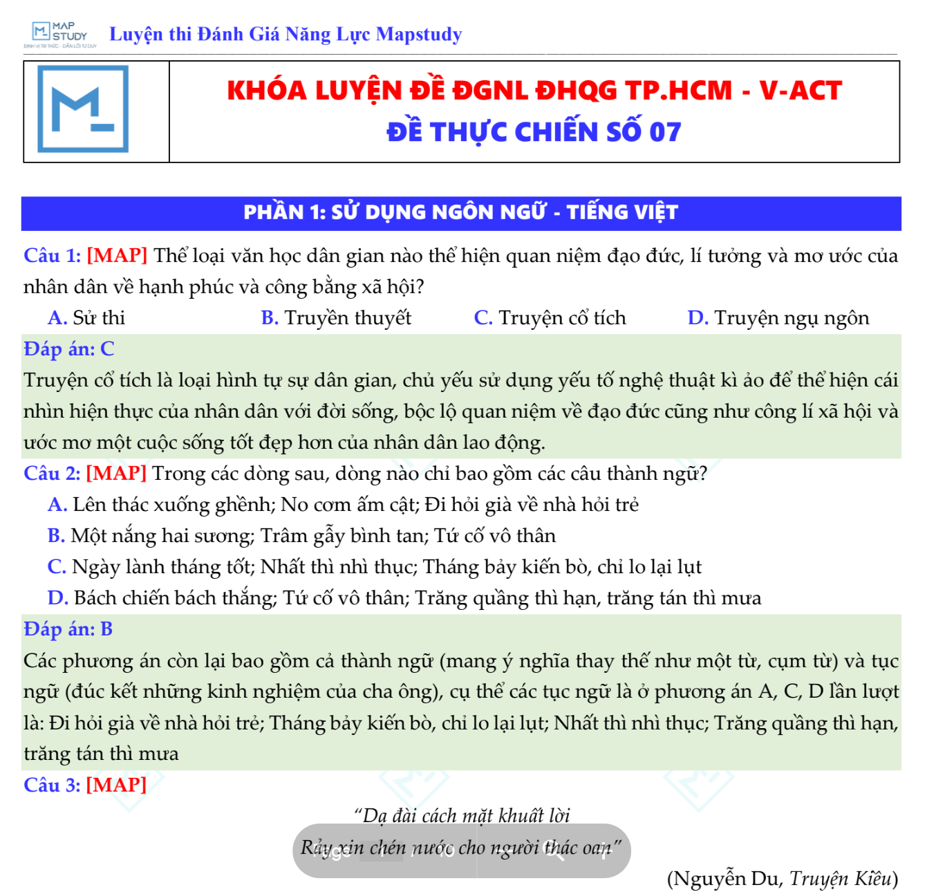 MÔN TIẾNG VIỆT - LUYỆN ĐỀ ĐÁNH GIÁ NĂNG LỰC ĐHQG TP.HCM - APT - MAPSTUDY BỘ ĐỀ SỐ 7